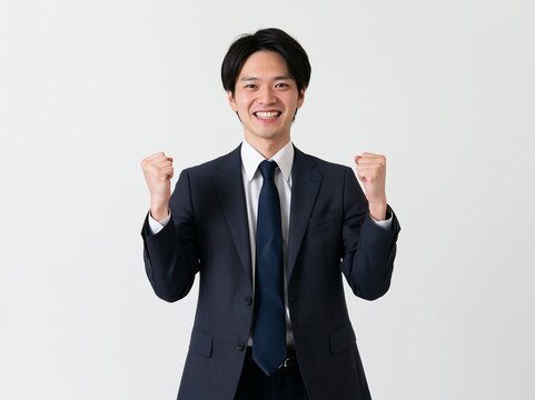 白背景で両手を握りしめてダブルガッツポーズを決める笑顔のビジネスマン