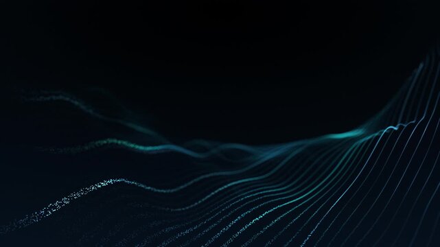 Blue wave design particle effects loop. Digital particle wave loop flows with glowing data cloud. Premium tech background for AI analytics and technology banner. Blue space background.