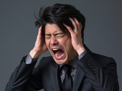 ビジネスの過度な重圧に耐えかね、頭を抱えて激しく叫ぶスーツ姿のサラリーマン