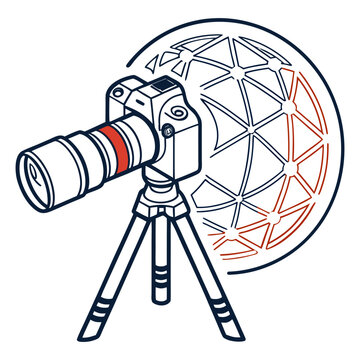 Digital photography camera on tripod vector icon with global globe net