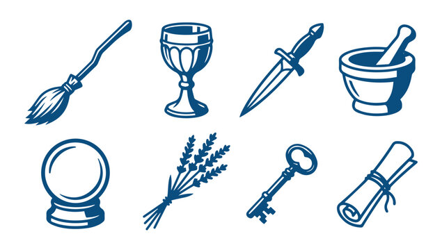Set of blue magic and witchcraft icons featuring various mystical and occult fantasy symbols