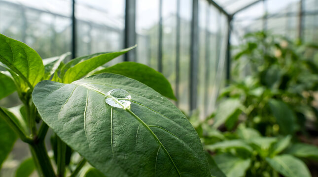 Close up of a water droplet on a green pepper leaf. Macro photography of plant foliage inside a glass greenhouse. Organic vegetable cultivation detail