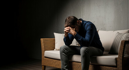 Fototapeta premium Man sitting on sofa with head in hands, symbolizing depression, stress, and loneliness in a minimalist setting