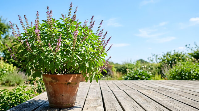 Potted holy basil plant on wooden deck in sunny garden. Lush green tulsi with purple flowers in terracotta pot under blue sky