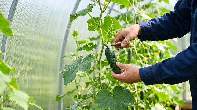 Farmer harvesting fresh green cucumber in polycarbonate greenhouse. Hands using shears to cut organic vegetable from vine. Agricultural work
