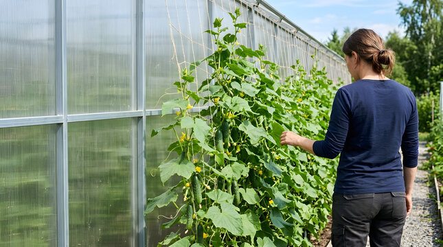 Woman tending to cucumber plants in a polycarbonate greenhouse. Female gardener checking growing vegetables on a string trellis. Organic farming and agriculture concept