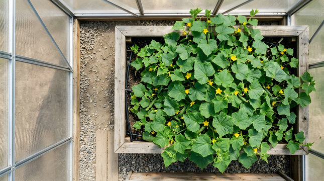 Top view of cucumber plants growing in a wooden raised bed inside a polycarbonate greenhouse. Overhead shot of green foliage and yellow flowers with drip irrigation