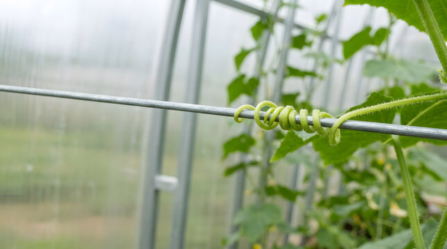 Close up of a green cucumber tendril coiled around a metal wire. Plant vine climbing on a support structure inside a polycarbonate greenhouse. Macro detail of agricultural growth