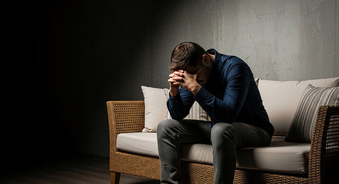 Man sitting on sofa with head in hands, symbolizing depression, stress, and loneliness in a minimalist setting