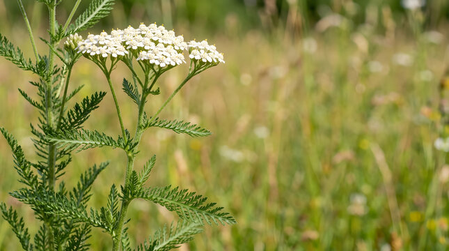 Close up of white yarrow flowers growing in a wild field. Wildflower with feathery green leaves in a summer meadow. Copy space for text