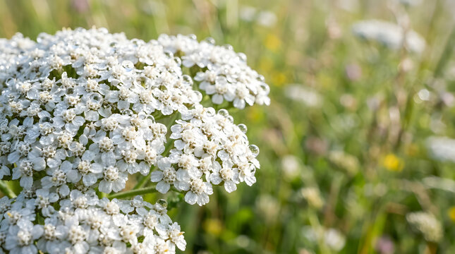 Macro photo of white yarrow flowers covered in water droplets. Close up of wet wildflowers in a green meadow with morning dew
