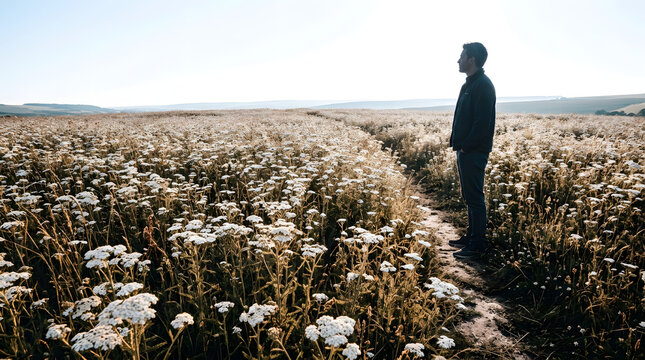 Man standing on a path in a vast field of white yarrow flowers. Male figure looking at the horizon in a wild summer meadow during golden hour