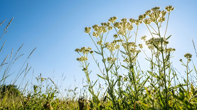 Low angle view of white yarrow flowers in a wild field. Backlit achillea millefolium plants against a clear blue sky. Summer meadow background