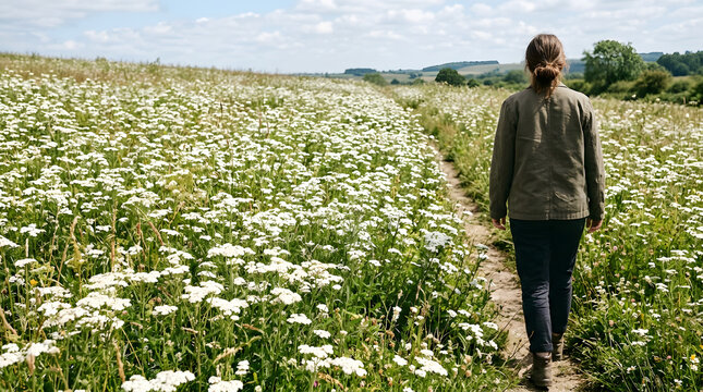 Woman walking on a dirt path through a large field of white yarrow flowers. Female hiker exploring a wild summer meadow with rolling hills in the background