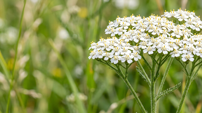 Close up of a white yarrow flower head with yellow centers. Macro photography of achillea millefolium in a green wild field. Medicinal herb detail
