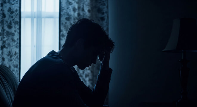 Silhouette of a young man with head in hand, looking down, symbolizing stress, sadness, and contemplation in a dimly lit room with curtains.