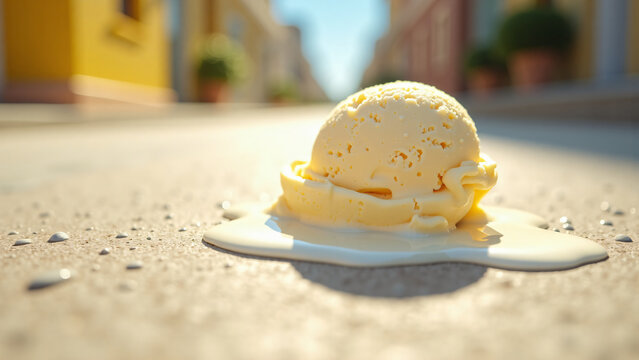 Melting Ice Cream Puddle on Pavement with Copy Space