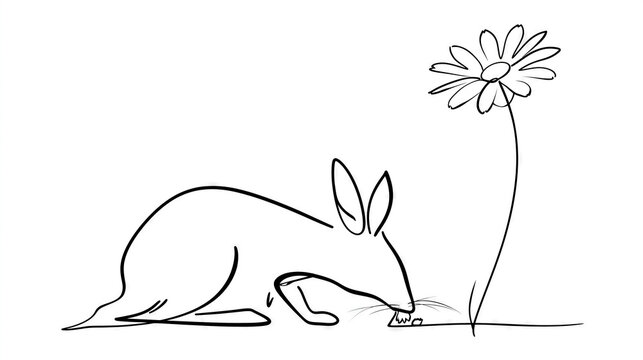 Rabbit Sniffing a Daisy Flower