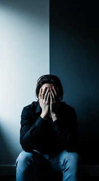 Person with hands covering face in dark setting, symbolizing despair, isolation, and mental struggle, representing emotional distress.