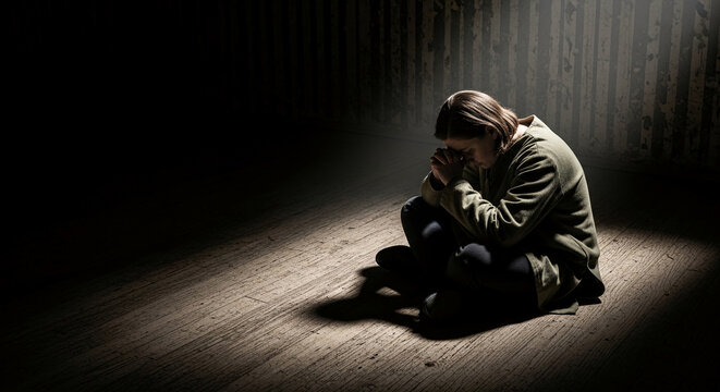 Person in green coat praying on wooden floor, symbolizing contemplation, hope, or despair in dramatic lighting.