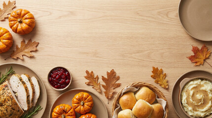 Fototapeta premium Autumn harvest Thanksgiving dinner table setting with pumpkins, cranberry sauce, mashed potatoes, and roasted squash on rustic wooden background