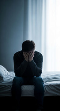 Man with head in hands on a bed, symbolizing despair and isolation, representing mental health challenges and loneliness