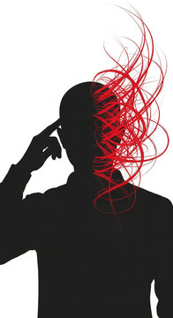 Silhouette of a human head with swirling red lines exploding from it, symbolizing abstract thought or emotional release.