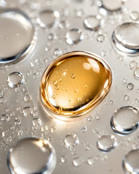 Macro Droplet of Golden Squalane Facial Oil in Water. Extreme macro beauty photo of a golden squalane oil drop surrounded by water beads.