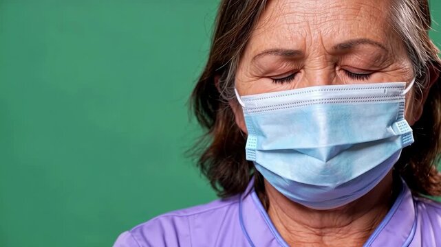 Older Phlebotomist In A Lilac Uniform Wearing A Medical Face Mask