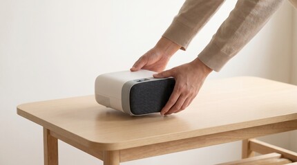 Fototapeta premium Male hands setting down a compact white and grey home projector on a small wooden table