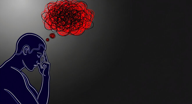 Silhouette of a person in deep thought with a chaotic thought bubble, symbolizing mental struggle, anxiety, and confusion, suitable for a distressed mind concept.