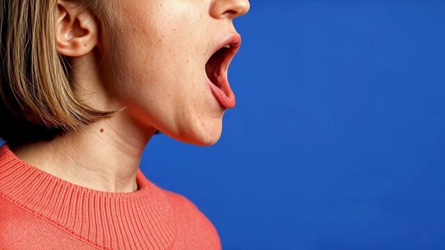 Speech Therapist In A Coral Sweater Shaping A Wide Vowel Sound