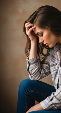Close-up of a young woman with brown hair in a plaid shirt, head bowed with hand on forehead, conveying sadness or stress, representing mental state.