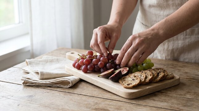 Female hands arranging fresh red grapes on a wooden cutting board with crackers and figs