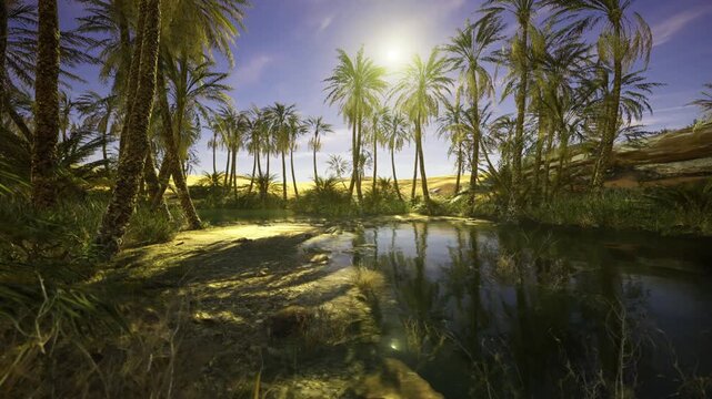 Low angle tafilalt oasis shoreline with textured sand and glassy reflections, tall palms framing horizon, deep shadows and vibrant highlights creating dynamic