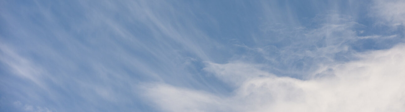 Wispy white cirrus uncinus clouds in a blue sky above cumulus clouds, as a texture pattern nature background
