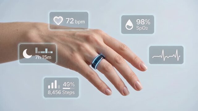 Close-up video of a woman wearing a smart ring with digital heart rate, oxygen level and activity metrics. Wearable health technology and personal fitness monitoring concept.