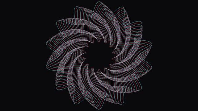 Slowly rotating spirograph flower rosette pattern in red and teal on dark background, seamless looping motion graphic