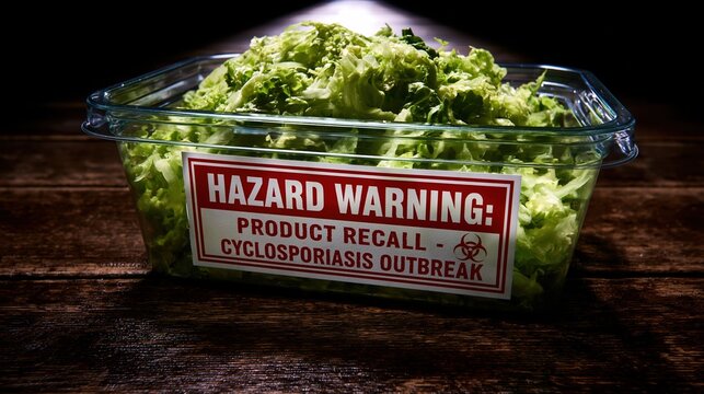 Packaged salad tub displays a food outbreak recall sticker.