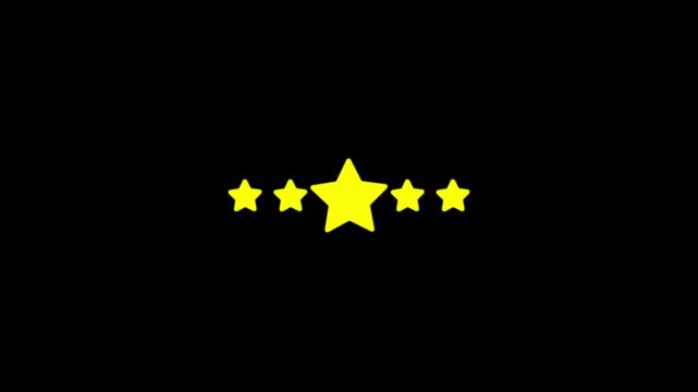 Five yellow stars rating animation on black background, for customer feedback, and review concepts, five stars