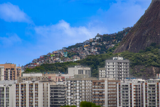 Cantagalo Pav&atilde;o Pav&atilde;ozinho favela view from Copacabana beach in Rio de Janeiro Brazil.