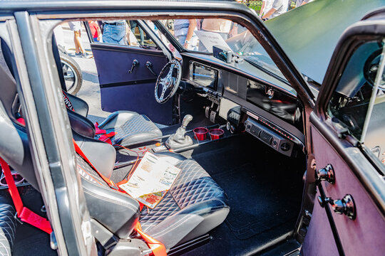 Custom Studebaker Champion interior features quilted seats and a modern dashboard.