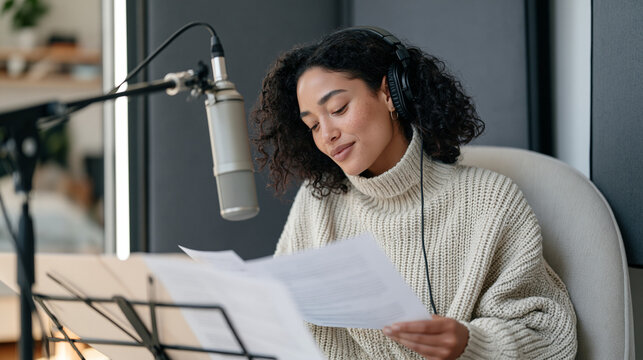 Voice actor seated in a home studio corner surrounded by acoustic panels, professional microphone positioned precisely, single professional portrait capturing deep creative focus