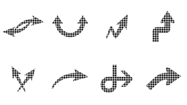 Black Halftone Pattern Arrow Vectors Set with Double Headed Curves and Split Paths