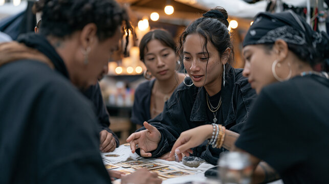 A tarot card reader at a rain-soaked street fair serves a multicultural group of curious visitors, playground friendships energy alive in the animated debate between friends over