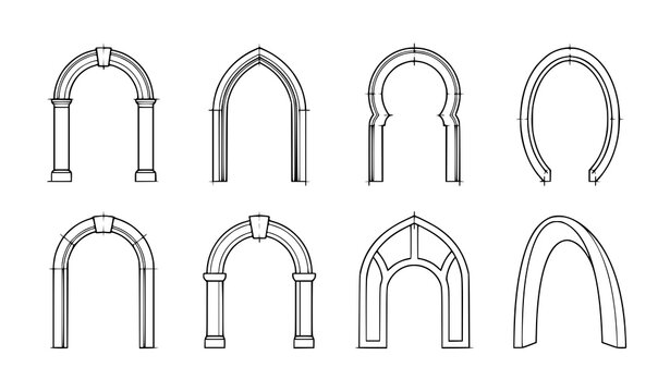 Architectural archway outline icon collection with Gothic Roman and geometric vector designs