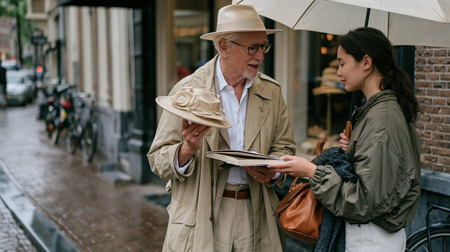 Master milliner and a teenage apprentice share an umbrella on rain soaked cobblestones outside a hat atelier, the elder holding a finished fascinator aloft for inspection,