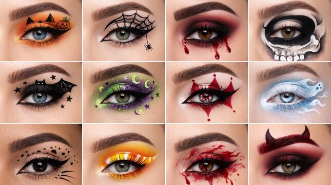 Set of twelve female Halloween eye makeup art portraits, scary eye shadow face paint designs, bat spider web skull vampire blood and pumpkin themes