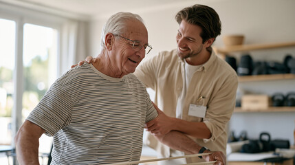 Fototapeta premium Elderly physiotherapist in a minimalist studio supports a senior athlete through a resistance band movement, the intergenerational rehabilitation scene combining clinical