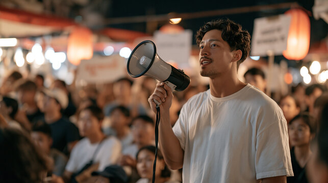 Escape room host orchestrates a packed outdoor night market puzzle activation, crowd scene capturing players mid-challenge as the host signals clues through a megaphone, lanterns